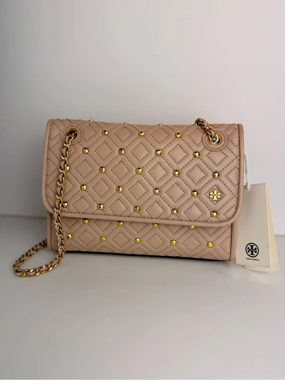$528 Tory Burch Fleming Stud Small Shoulder Bag Goan Sand Beige Leather 46362